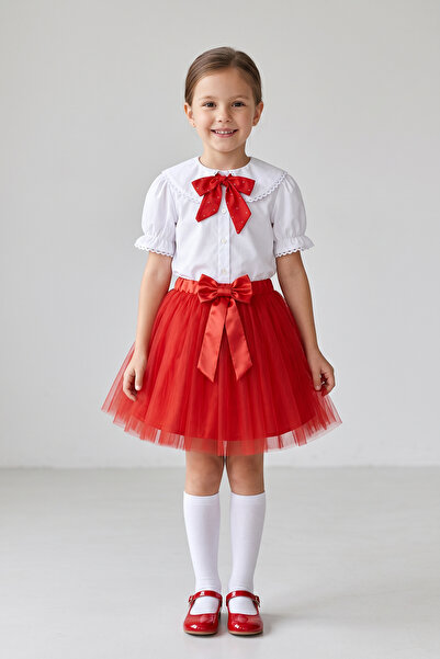 FATELLA Girl's Red Scarf Polka Dot Doll Collar White Short Sleeve Shirt Red T...