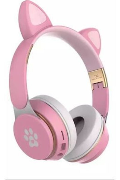 OEM Ασύρματα/Ενσύρματα On Ear Ακουστικά T22 Cat Ear Ροζ
