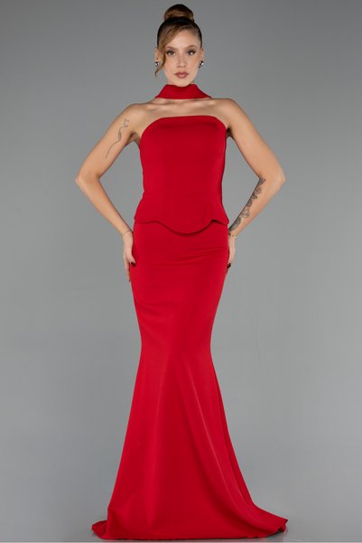 Abiyefon Kırmızı Straplez Yaka Peplum Uzun Balık Abiye Elbise ABU6575