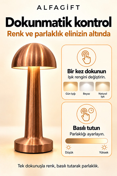ALFAGİFT Şarjlı Dokunmatik LED Mantar Masa Lambası 3 Işık Tonlu Dimmerli Type-C Kablosuz Abajur Gece Lambası