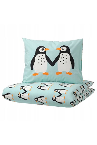 IKEA Set lenjerie de pat BLAVINGAD, PINGUINI, turcoaz deschis 150x200/50x60 cm