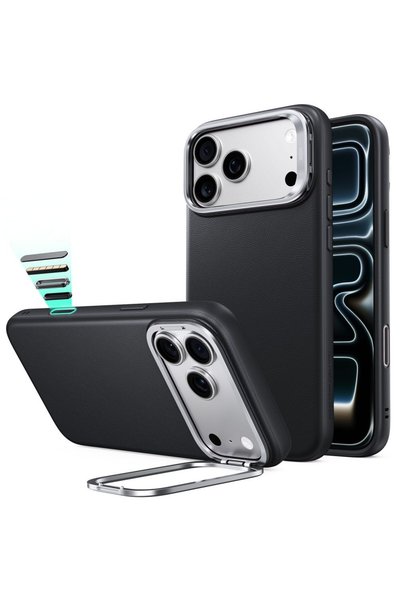 ESR Кожен калъф със стойка и MagSafe за iPhone 17 Pro Max / 18 Pro Max, Черен