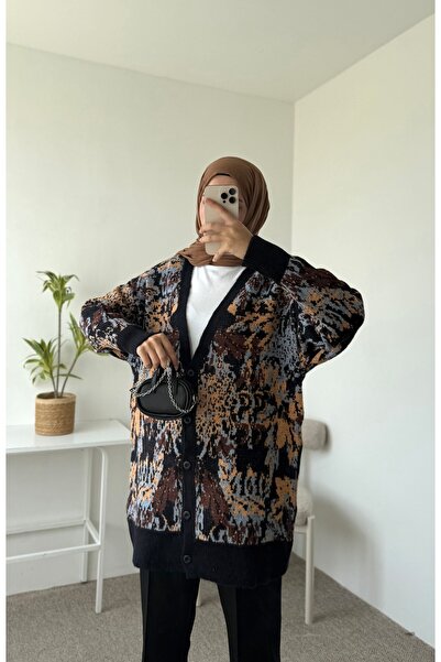 Hepsi Moda Batik Desen V Yaka Uzun Hırka - Siyah & Mavi