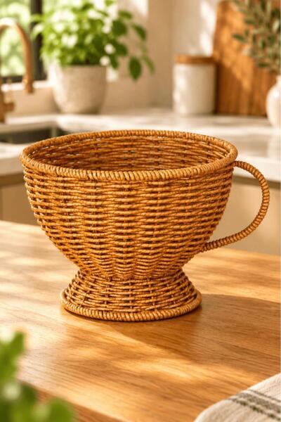 Atbyhome Büyük Boy Doğal Hasır Rattan Kupa Sepet 20x16 cm - Kulplu Ayaklı Mas...