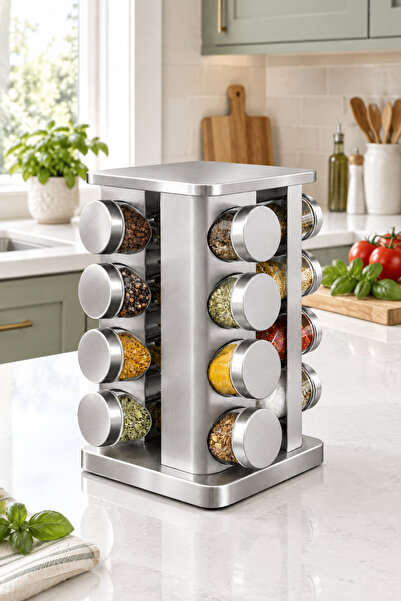 MAKRİ HOME 16'lı Döner Baharatlık Seti Krom Kare Stantlı 118 ml Cam Kavanoz –...
