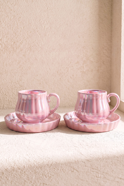 Perotti Pink Line Wavy Porcelain Coffee Cup Set for 2 People