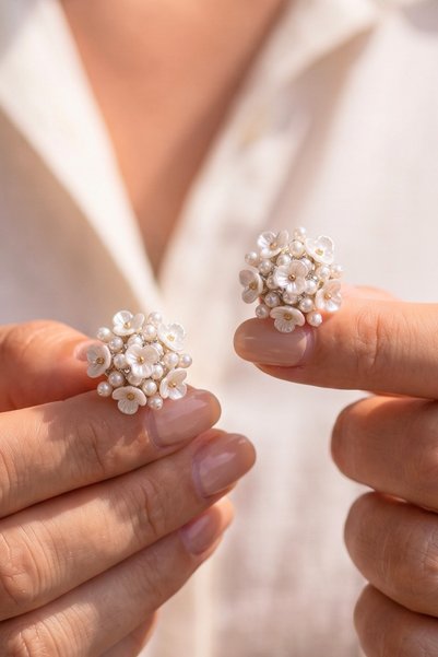 Elika Silver Sparkling Pearl Flower Cluster Earrings
