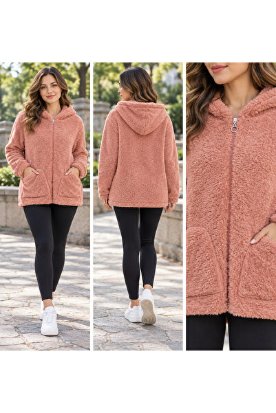 ECK MODA Women's Plush Hooded Coat with Zipper Pocket Detail