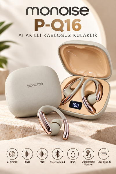 Monoise PQ16 110 Dil Gerçek Zamanlı Yapay Zekâ Çeviri Destekli Kablosuz Kulak...