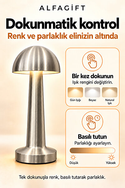 ALFAGİFT Şarjlı Dokunmatik LED Mantar Masa Lambası 3 Işık Tonlu Dimmerli Type-C Kablosuz Abajur Gece Lambası