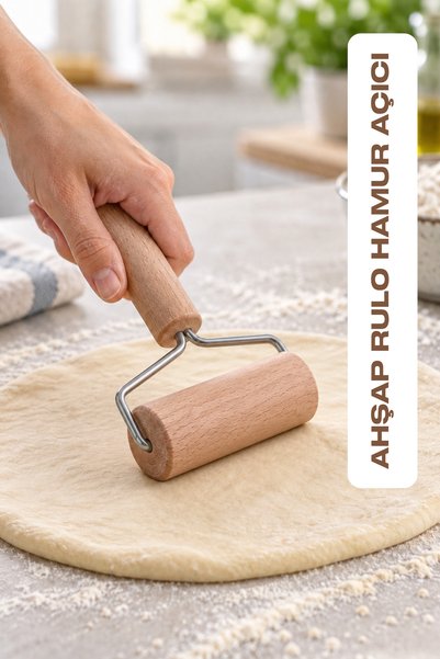 BEYZANA Ahşap Saplı Rulo Merdane Hamur Açıcı Pizza Börek ve Kurabiye Hamuru Açma Silindiri