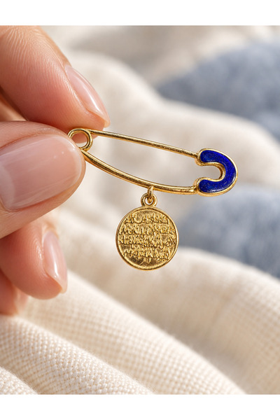 Sarezza Gold 14 Carat Gold Blue Enamel Safety Pin with Evil Eye Prayer