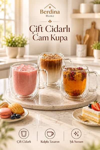 Berdina Home 6’lI Çift Cidarlı Kulplu Cam Bardak Seti Çay Kahve Latte Cappuccino Soğuk İçecek Sunumu İçin 350 ml
