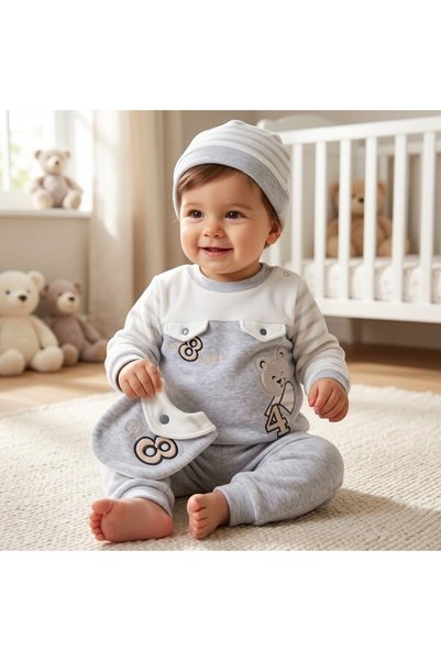 Erca Home Tekstil Ürünleri 3-Piece Bamboo Fabric Gray Suit with Velvet Hat 3 Months, 6 Months, 9 Months, 12 Months Men's