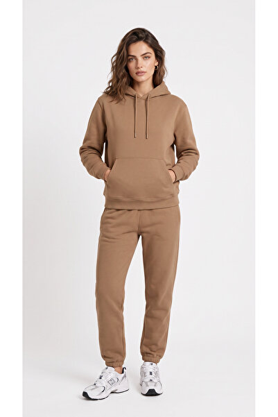 BADESSA Women's Brown Elastic Cuffed Kangaroo Pocket 3 Thread Hooded Sweatshi...