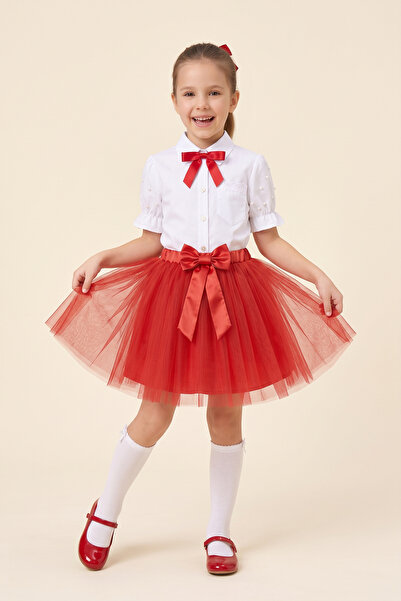FATELLA Girl's Red Ribbon Short Sleeve Pearl Detailed Sleeve Ruffle Pocketed ...