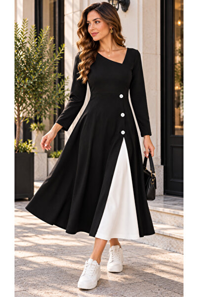 Kokosh moda Women's Stylish Asymmetrical Collar Button Detailed Flared Black and White Midi Viscose Dress