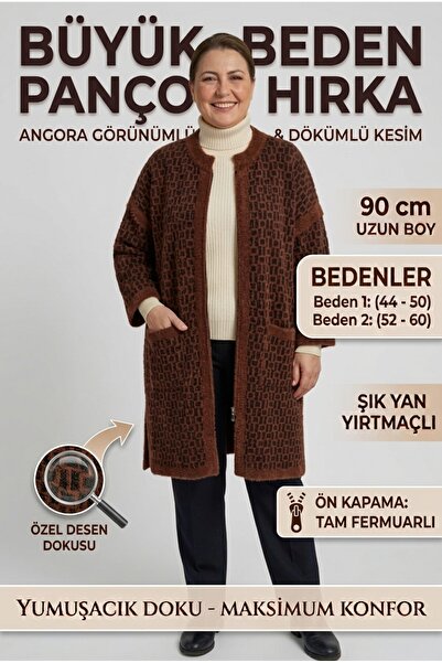 Laden Triko Kadın Büyük Beden Yün Sıcaklığında Kışlık Anne Uzun Panço Hırka -...