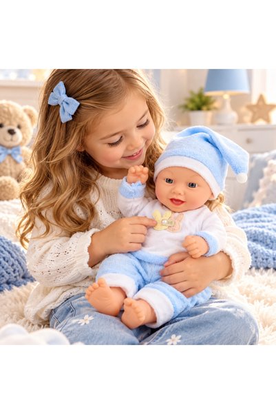 LEAN Papusa bebelus 24 cm, cu pijama albastra si caciulita cu pompon, 3 ani+