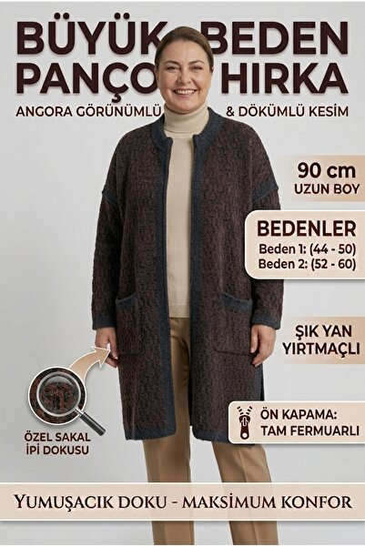 Laden Triko Kadın Büyük Beden Yün Sıcaklığında Kışlık Anne Uzun Panço Hırka -...
