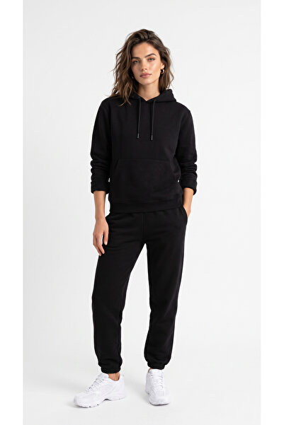 BADESSA Women's Black Elastic Cuffed Kangaroo Pocket 3 Thread Hooded Sweatshi...