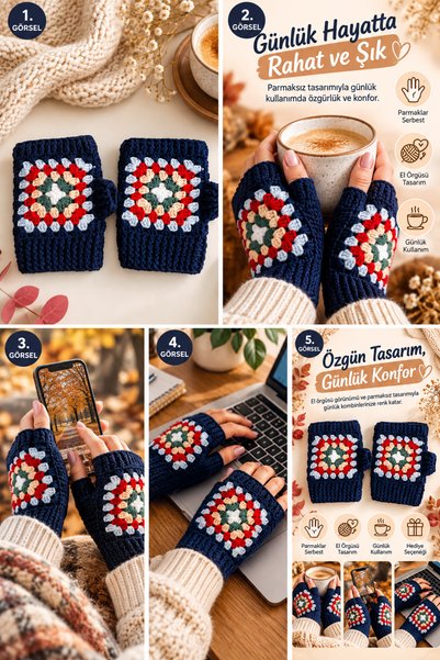 Awesomecrochet Women's Adult Fingerless Knitted Gloves Navy Blue – Colorful Patterned Hand Warmer Gloves