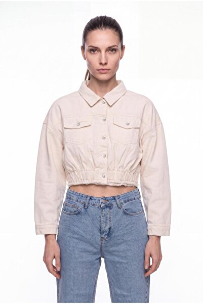 Machinist Women's Crop Oversize Distressed Jean Jacket Beige