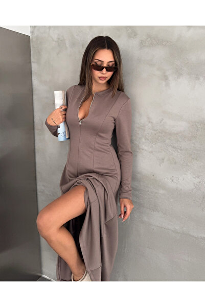 Elaxi Rochie maxi modală cu mânecă lungă și fermoar pentru femei