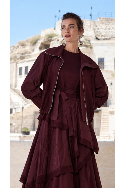 MissWhence Layered Detailed Jacket Dress Set 40809 Burgundy