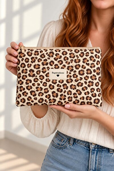 BagsMadame Leopard Patterned Single Compartment Zippered Clutch Portfolio Han...