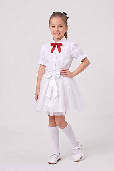 FATELLA Girl's Red Ribbon Short Sleeve Pearl Detailed Sleeve Ruffle Pocketed ...