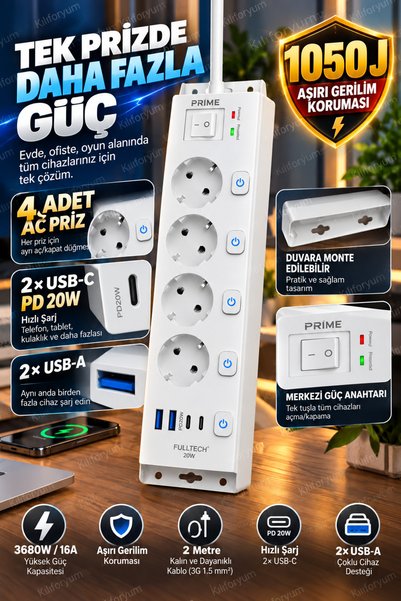 Kılıforyum FTR-33 Akım Korumalı Çoklu Priz 4’lü 2 USB-C 2 USB-A PD 20W 1050J ...