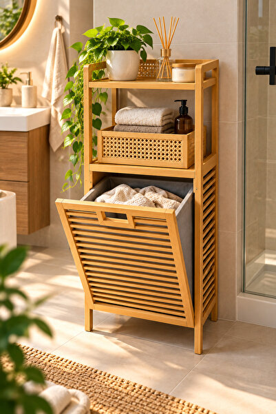 Karçiçeği Home 2 Adet Bambu Kirli Çamaşır Sepeti 2 Katlı Raf Banyo Dolabı 95x40x30 cm
