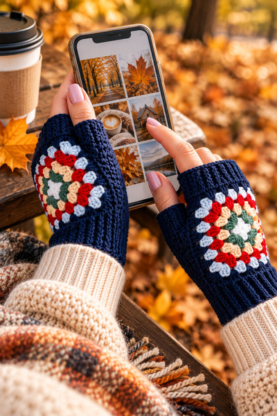 Awesomecrochet Women's Adult Fingerless Knitted Gloves Navy Blue – Colorful Patterned Hand Warmer Gloves