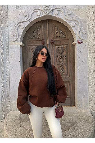 kırmızı butiks Brown Sleeve Piece Shardonlu Sweatshirt