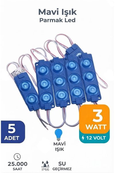 iq elektronik Araç İçi ve Dış Mekan 12V 3W Mercekli Parmak Led Mavi Işık Su G...