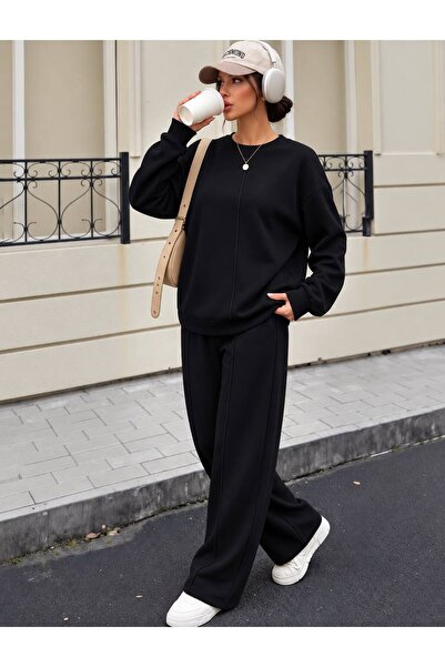 LOUİSA Women's Black Stretchy Interlock Fabric Oversize Sweatshirt-Wide Leg P...