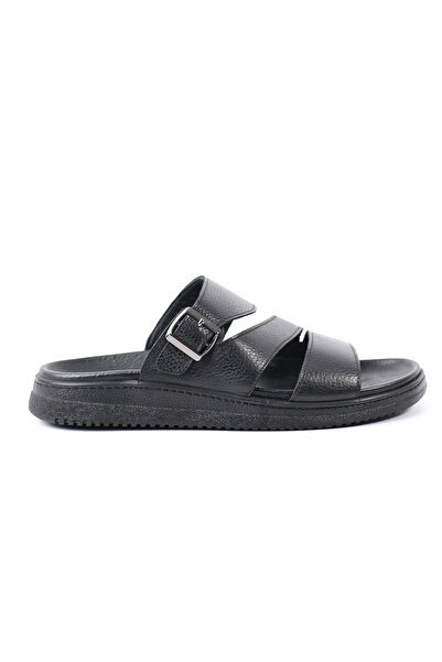 Tuna Genuine Leather Buckle Black Men's Slippers - Mt2919