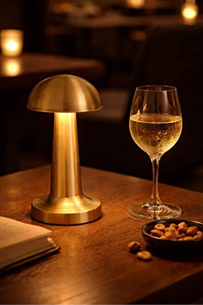 AYACO Gold Mantar Masa Lambası Şarjlı Dokunmatik 3 Renk LED Dekoratif Gece ve Masa Lambası Kafe Restaurant WB-EKL02