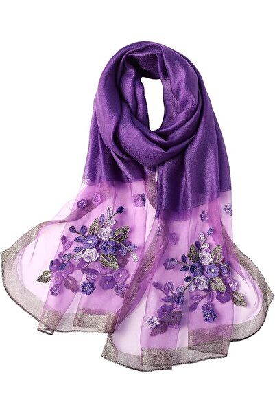 GENERAL WINCESS YU Women Mulberry Silk Scarf Lightweight Embroidered Floral S...