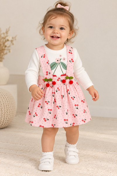 Milanlı Kids Baby Girl Cherry Patterned Pink Salopet Dress Long Sleeve Body 2...