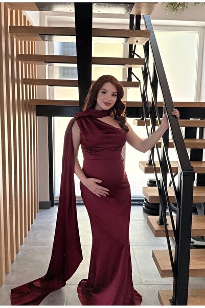 ayşenur Dinçer butik İncili Şal Detaylı Abiye Bordo