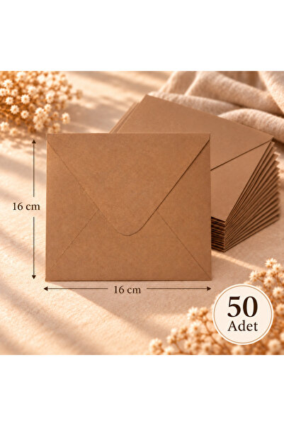 50 Adet Premium 16x16 cm Üçgen Kapaklı Lüks Özel Dokulu 250 gr Kraft Davetiye Zarfı