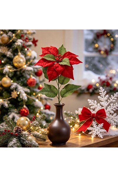 Kmt Style Artificial red poinsettia branch with red pistil for Christmas arra...
