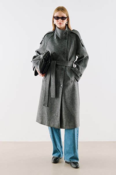 Manuka Premium High-Collar Double-Breasted Coat Anthracite