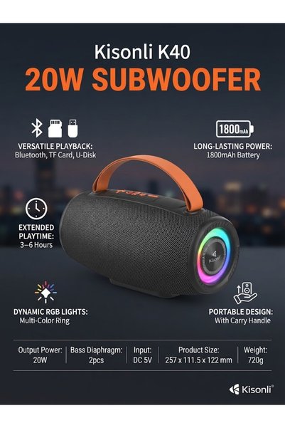 Bionic K40 20W Outdoor Portable Wireless Bluetooth Speaker, Subwoofer Deep Bass, RGB LED Lights, 1800mAh Battery, TWS Stereo, Waterproof Party Speaker