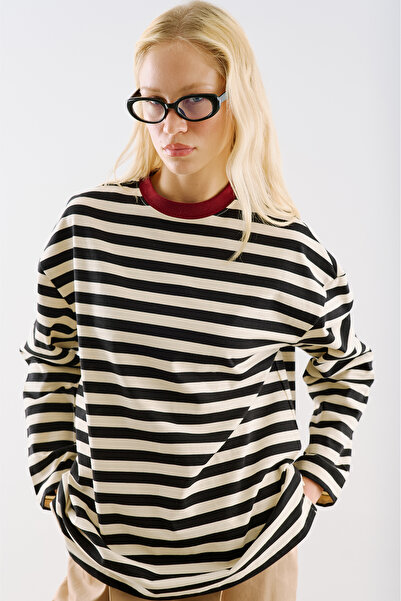 Manuka Striped Colorful Collar Long Sleeve T-Shirt Black