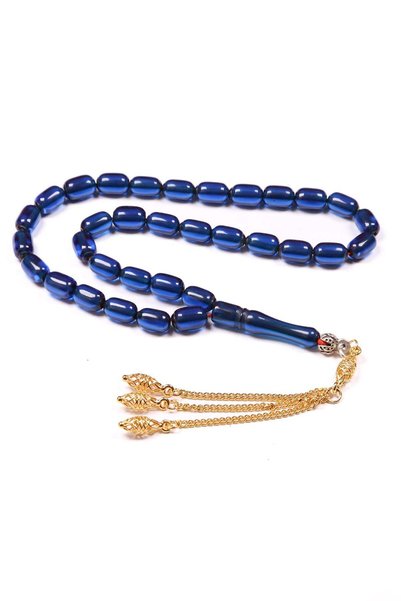 TESBİHKENTİ 8X5 mm Blue Ankle-Length Silver Tassel Fire Amber