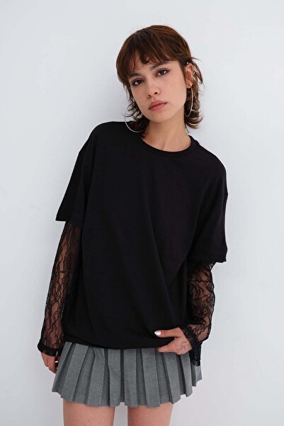 Addax Lace Detailed Long Sleeve T-Shirt B1108
