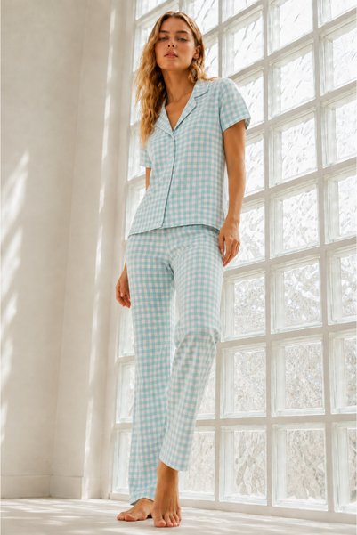 WomanAndKids Night Water Green Women's Youth Loose Yarn-Dyed Pajama Set
